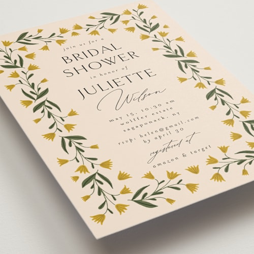 This is a marigold bridal shower invitations with standard by Iveta Angelova called floral frame printing on signature in standard