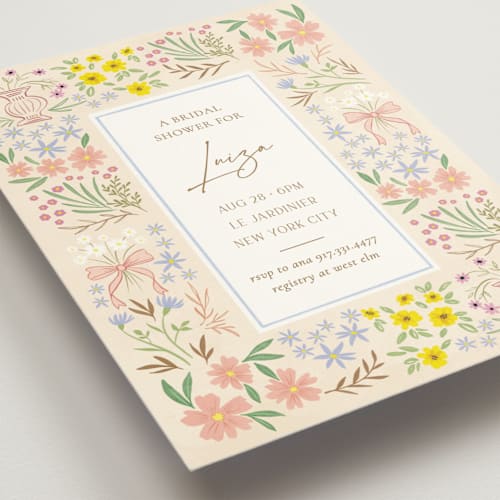 This is a cream bridal shower invitations with standard by Ana Sharpe called cottage garden printing on signature in standard