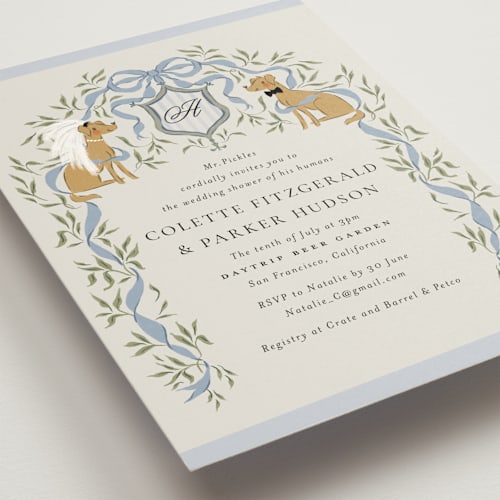This is a blueberry bridal shower invitations with standard by Jackie Crawford called dog crest printing on signature in standard