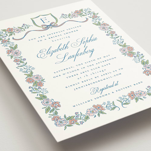 This is a peony bridal shower invitations with standard by Erin German called floral frame crest printing on signature in standard
