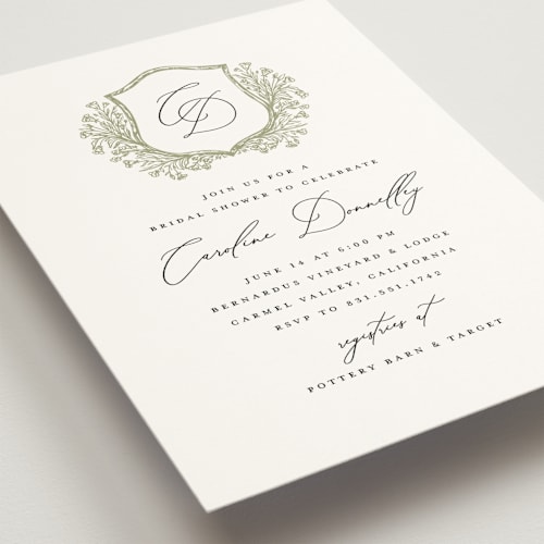 This is a olive bridal shower invitations with standard by Erin Deegan called traditional monogram printing on signature in standard