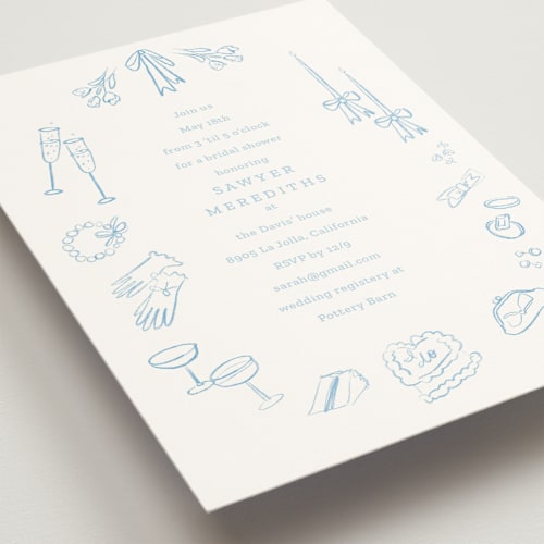 This is a aqua bridal shower invitations with standard by Baumbirdy called wedding sketches printing on signature in standard