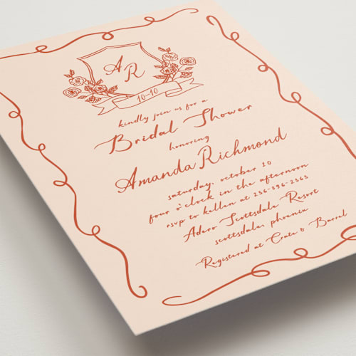 This is a peach bridal shower invitations with standard by Sherley Ferreira called bridal crest printing on signature in standard