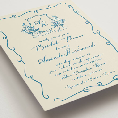 This is a cerulean bridal shower invitations with standard by Sherley Ferreira called bridal crest printing on signature in standard