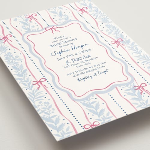 This is a blueberry bridal shower invitations with standard by Elly called cottage ribbons printing on signature in standard