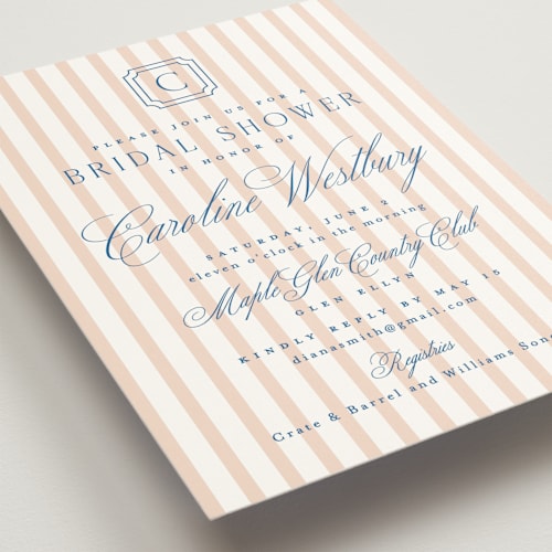 This is a coral bridal shower invitations with standard by Erin German called preppy printing on signature in standard