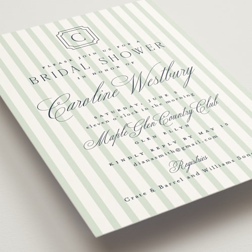 This is a honeydew bridal shower invitations with standard by Erin German called preppy printing on signature in standard