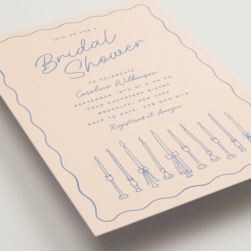 This is a periwinkle bridal shower invitations with standard by Ellen Schlegelmilch called candlesticks printing on signature in standard