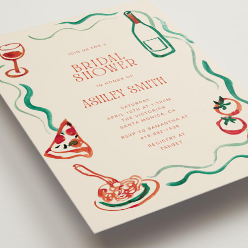 This is a tomato bridal shower invitations with standard by Cass Loh called amore e cibo printing on signature in standard