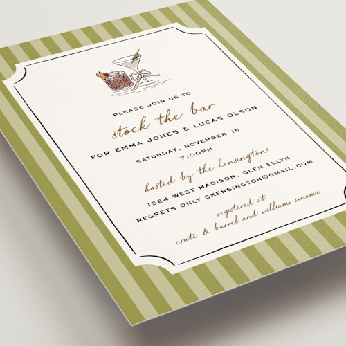 This is a olive bridal shower invitations with standard by Erin German called stock the barware printing on signature in standard