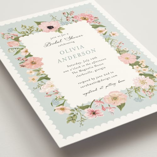 This is a blush bridal shower invitations with standard by Susan Moyal called blooming printing on signature in standard