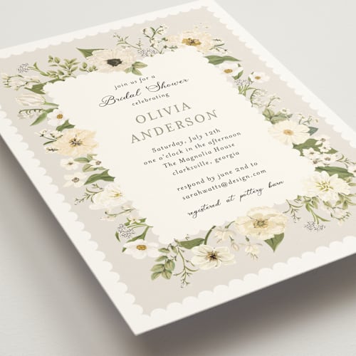 This is a chiffon bridal shower invitations with standard by Susan Moyal called blooming printing on signature in standard