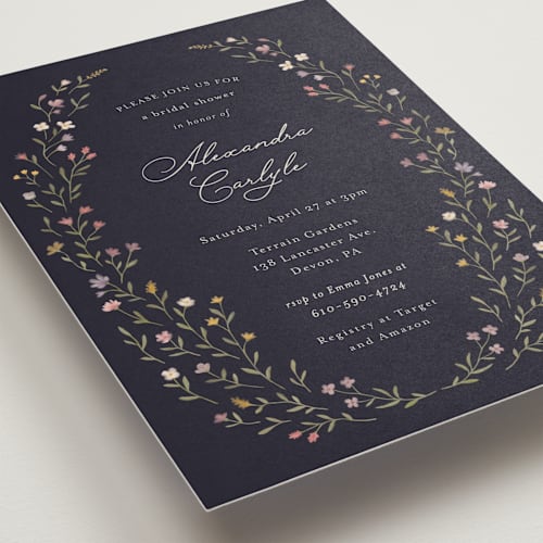 This is a navy bridal shower invitations with standard by Katherine Moynagh called floral greenery printing on signature in standard