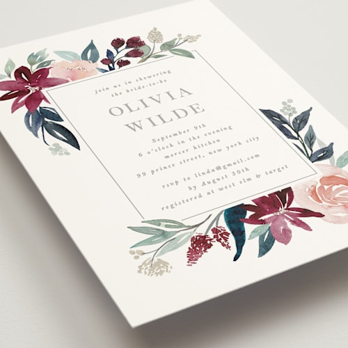This is a burgundy bridal shower invitations with standard by Creo Study called garden stroll printing on signature in standard