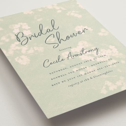 This is a celadon bridal shower invitations with standard by Morgan Kendall called vintage florals printing on signature in standard