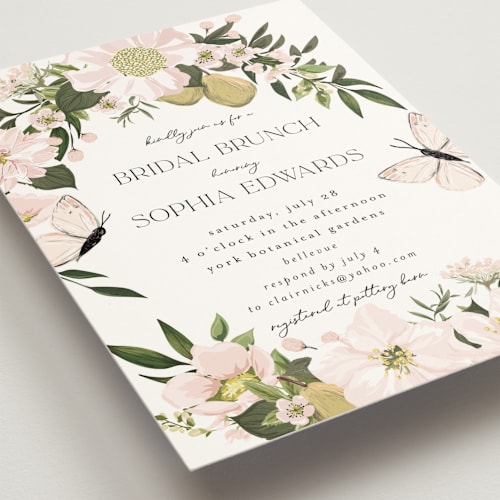 This is a blush bridal shower invitations with standard by Susan Moyal called blossoms & butterflies printing on signature in standard