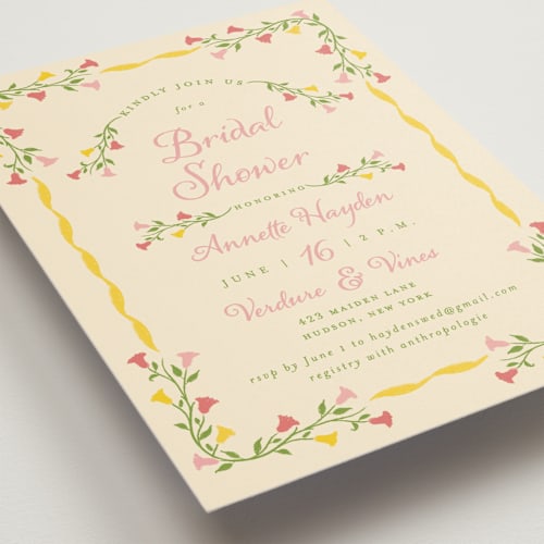 This is a golden bridal shower invitations with standard by Sarah Rosenthal called gardenia printing on signature in standard