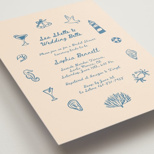 This is a ocean bridal shower invitations with standard by Rina Ozum called sea shells & wedding bells printing on signature in standard