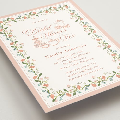 This is a melon bridal shower invitations with standard by Susan Moyal called garden tea printing on signature in standard