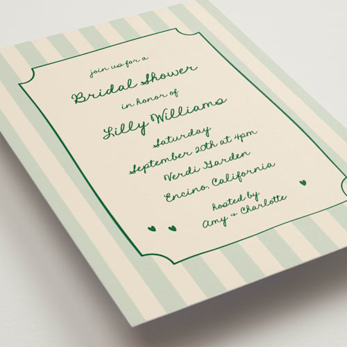 This is a mint bridal shower invitations with standard by Ani Somi called charming in stripes printing on signature in standard