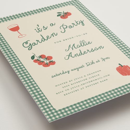 This is a sage bridal shower invitations with standard by Kelly Watkins called gingham garden printing on signature in standard