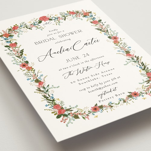 This is a papaya bridal shower invitations with standard by Susan Moyal called garden vine printing on signature in standard