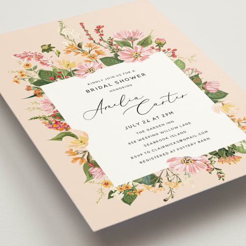 This is a peach bridal shower invitations with standard by Susan Moyal called bridal blooms printing on signature in standard