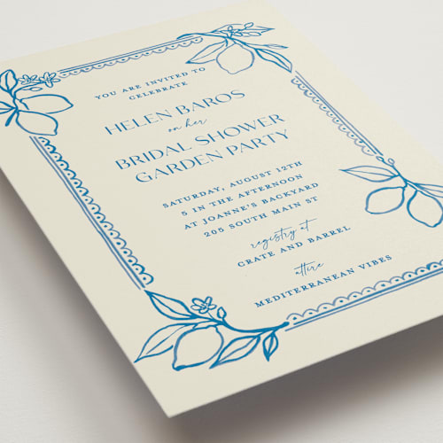 This is a cobalt bridal shower invitations with standard by Pati Cascino called mediterraneo printing on signature in standard