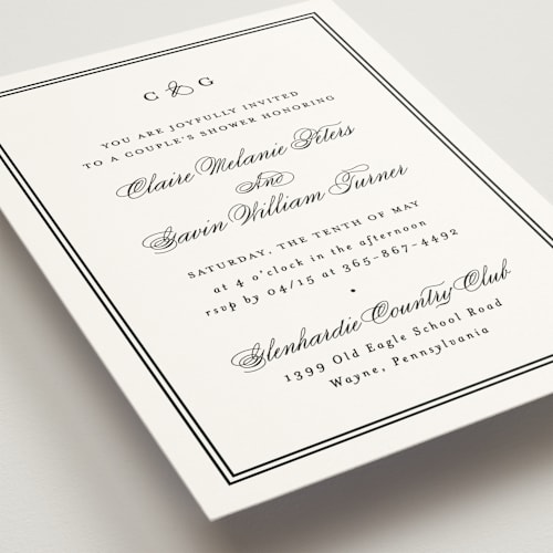 This is a tuxedo bridal shower invitations with standard by Carolyn MacLaren called timeless together printing on signature in standard
