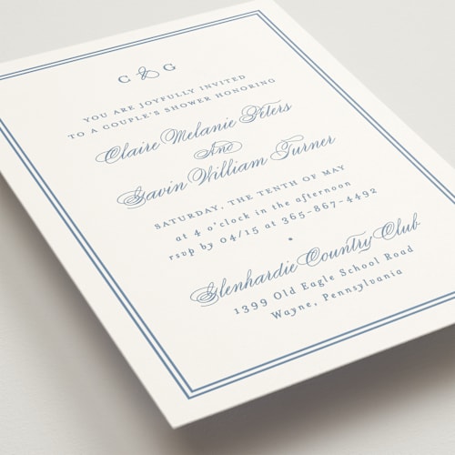 This is a french blue bridal shower invitations with standard by Carolyn MacLaren called timeless together printing on signature in standard