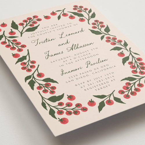 This is a tomato bridal shower invitations with standard by Katharine Watson called cherry tomatoes printing on signature in standard