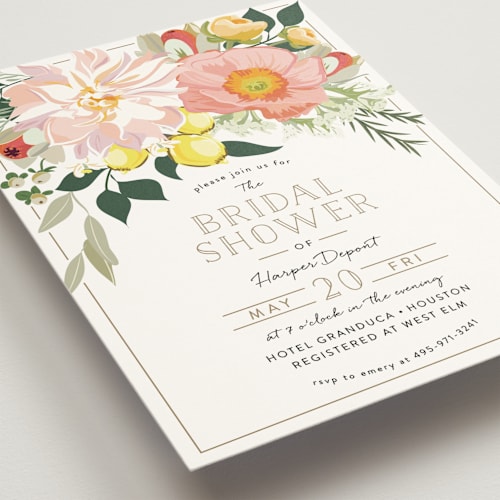 This is a blush bridal shower invitations with standard by Susan Moyal called spring blooms printing on signature in standard