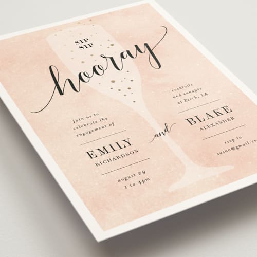 This is a champagne engagement party invitations with foil pressed by Kelly Schmidt called sip sip hooray printing on signature in standard