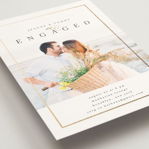 This is a ivory engagement party invitations with foil pressed by chocomocacino called nougat printing on signature in standard