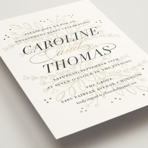 This is a gold engagement party invitations with foil pressed by Jessica Williams called soft bouquet printing on signature in standard