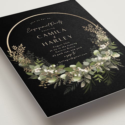 This is a forest engagement party invitations with foil pressed by Susan Moyal called eternity printing on signature in standard