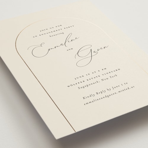 This is a champagne engagement party invitations with foil pressed by Nicoletta Savod called golden ring printing on signature in standard