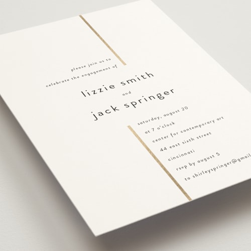 This is a pearl engagement party invitations with foil pressed by Kim Dietrich Elam called side by side printing on signature in standard