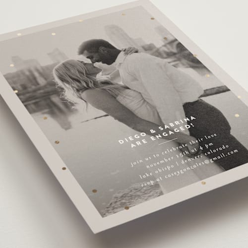 This is a steel engagement party invitations with foil pressed by chocomocacino called macine printing on signature in standard