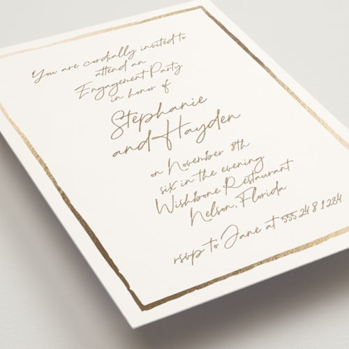 This is a champagne engagement party invitations with foil pressed by Cass Loh called gilded frame printing on signature in standard