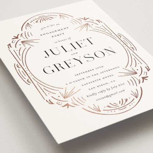 This is a pearl engagement party invitations with foil pressed by Summer Winkelman called glam printing on signature in standard