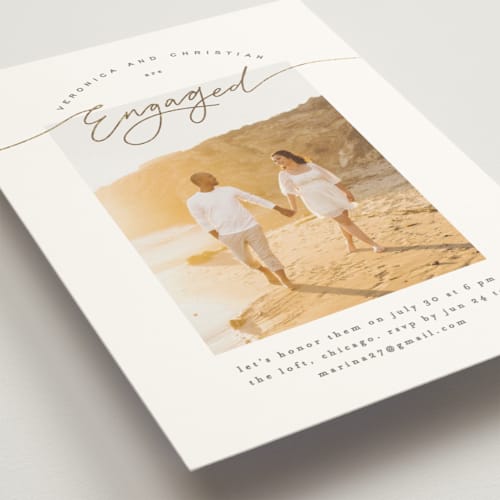 This is a lily engagement party invitations with foil pressed by Creo Study called scripted snapshot printing on signature in standard
