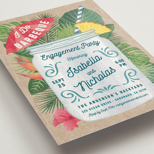 This is a kraft engagement party invitations with standard by Paper Sun Studio called tropical celebration printing on signature in standard