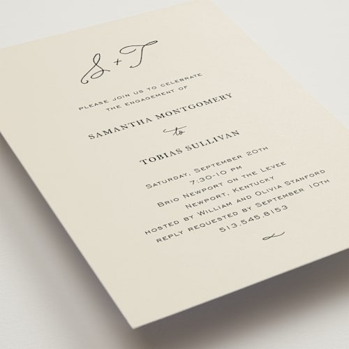 This is a ivory engagement party invitations with standard by Kim Dietrich Elam called estate printing on signature in standard