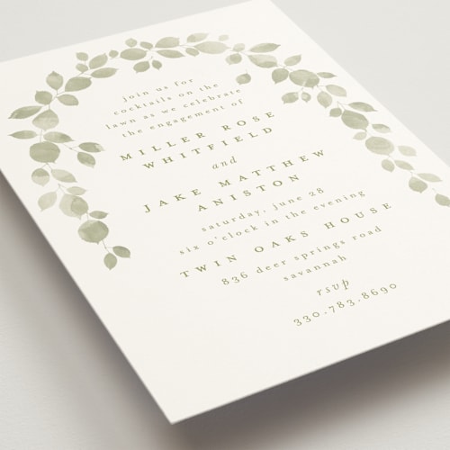 This is a leaf engagement party invitations with standard by Kristie Kern called garden gate printing on signature in standard