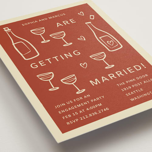 This is a rust engagement party invitations with standard by Ani Somi called bottles of love printing on signature in standard