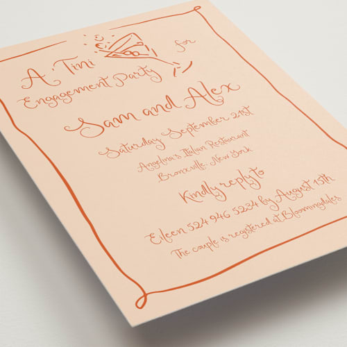 This is a verona engagement party invitations with standard by Cotton and Bow called a 'tini bridal shower printing on signature in standard