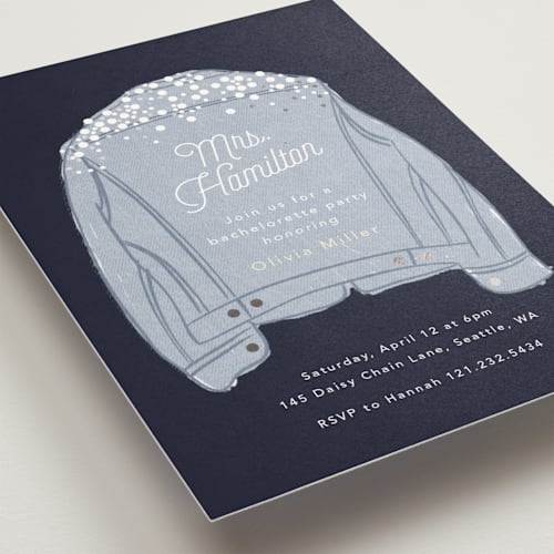 This is a chambray bachelorette party invitations with standard by Hudson meet Rose called wife of the party printing on signature in standard