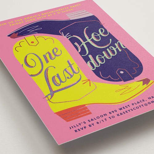 This is a peony bachelorette party invitations with standard by Baumbirdy called boots printing on signature in standard