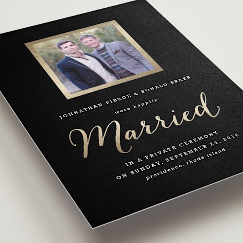 This is a onyx wedding announcements with foil pressed by Hooray Creative called modern photo frame printing on signature in standard